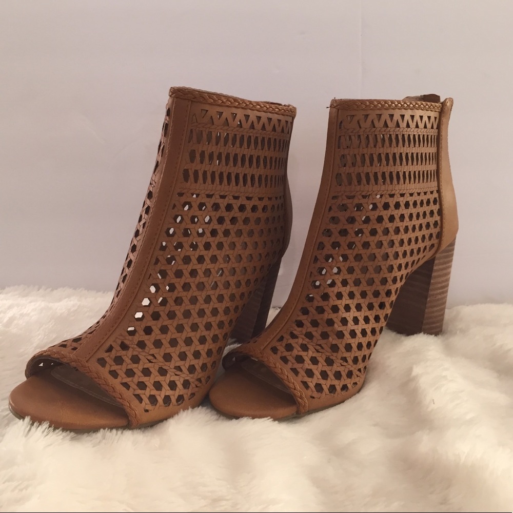 vegan brown open toed high heeled ankle boots